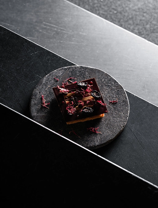 A gourmet chocolate dessert served for Valentine's Day at Dans le Noir ? restaurant.