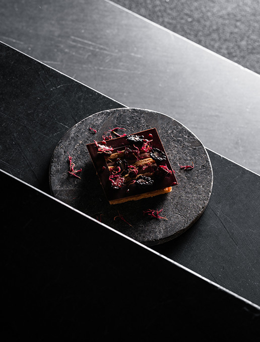 A gourmet chocolate dessert served for Valentine's Day at Dans le Noir ? restaurant.