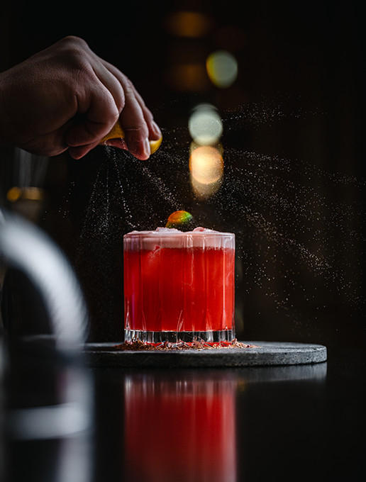 A pink cocktail served during a Valentine's Day evening at Dans le Noir ? restaurant.